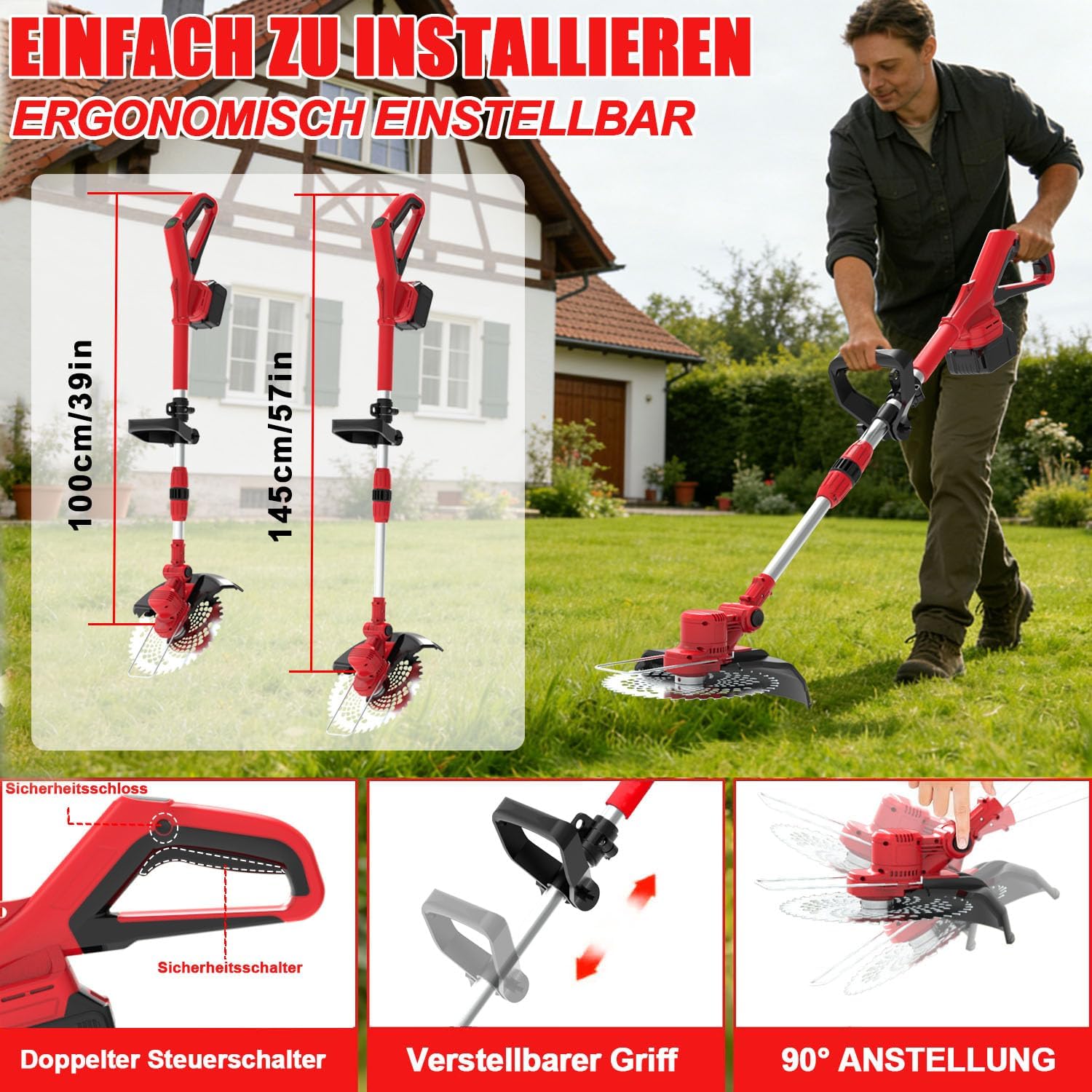Rasentrimmer mit Akku,Akku Rasentrimmer für Makita-Akkus,21V Freischneider mit 2 Stück 4,0Ah Akkus & Ladegerät,4-In-1 Rasentrimmer mit UnkrautbüRste,für Rasen, Rasenkanten & Unkraut,Rot 5 Rasentrimmer mit Akku,Akku Rasentrimmer für Makita-Akkus,21V Freischneider mit 2 Stück 4,0Ah Akkus & Ladegerät,4-In-1 Rasentrimmer mit UnkrautbüRste,für Rasen, Rasenkanten & Unkraut,Rot – Bild 5