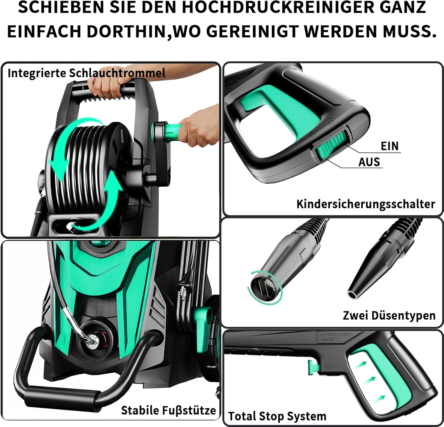 2026NEW Hochdruckreiniger 180 Bar, 450 l/h, Elektrischer Hochdruckreiniger mit 7 m Hochdruckschlauch, Schlauchtrommel, 500 ml Reinigungsmittelbehälter & 6-in-1-Düse, für Auto, Terrasse und Garten 5 2026NEW Hochdruckreiniger 180 Bar, 450 l/h, Elektrischer Hochdruckreiniger mit 7 m Hochdruckschlauch, Schlauchtrommel, 500 ml Reinigungsmittelbehälter & 6-in-1-Düse, für Auto, Terrasse und Garten – Bild 5