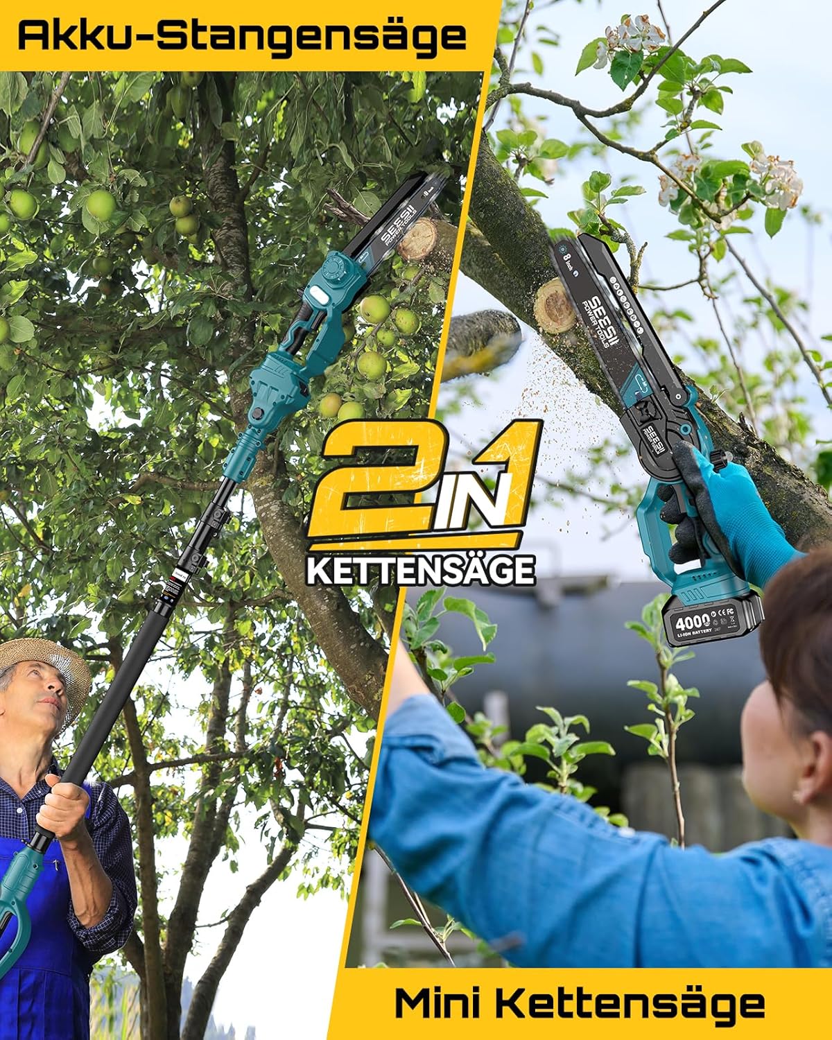 SEESII 2-in-1 Akku Astsäge & Mini Kettensäge mit 2×4000mAh Akkus, 8 Zoll Bürstenlose Kettensäge mit Teleskopstange, Ausziehbar bis 4,5m für Baumschnitt, Astschnitt und Gartenpflege 2 SEESII 2-in-1 Akku Astsäge & Mini Kettensäge mit 2×4000mAh Akkus, 8 Zoll Bürstenlose Kettensäge mit Teleskopstange, Ausziehbar bis 4,5m für Baumschnitt, Astschnitt und Gartenpflege – Bild 2