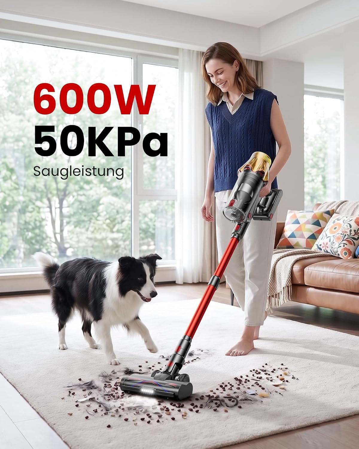 Akku Staubsauger 50KPa/600W/70Min, 1,8L Großer Staubsauger Kabellos LED Display, Anti-Tangle-Bürste, Selbststehend, Wandladestation, 1.5M Schlauch, Ultraleise, für Tierhaare/Teppiche/Hartböden/Auto 2 Akku Staubsauger 50KPa/600W/70Min, 1,8L Großer Staubsauger Kabellos LED Display, Anti-Tangle-Bürste, Selbststehend, Wandladestation, 1.5M Schlauch, Ultraleise, für Tierhaare/Teppiche/Hartböden/Auto – Bild 2
