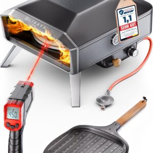 LIKAYA NeroSpin Pizzaofen Gas – 6,2kW Outdoor Gas Pizzaofen 450°C - Gas Pizza Ofen Outdoor mit Pizzastein Drehteller, Pizzaschaufel, Tasche & Laser Thermometer – knusprige Pizza in nur 90 Sekunden!