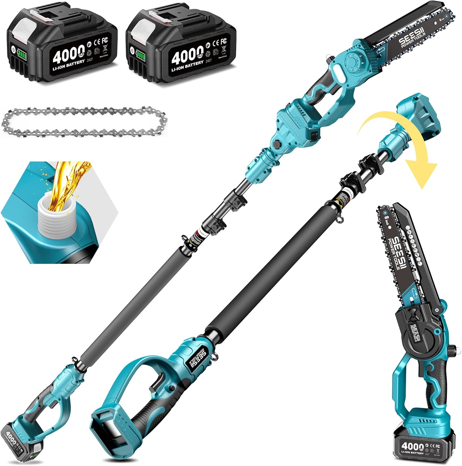SEESII 2-in-1 Akku Astsäge & Mini Kettensäge mit 2×4000mAh Akkus, 8 Zoll Bürstenlose Kettensäge mit Teleskopstange, Ausziehbar bis 4,5m für Baumschnitt, Astschnitt und Gartenpflege 1 SEESII 2-in-1 Akku Astsäge & Mini Kettensäge mit 2×4000mAh Akkus, 8 Zoll Bürstenlose Kettensäge mit Teleskopstange, Ausziehbar bis 4,5m für Baumschnitt, Astschnitt und Gartenpflege