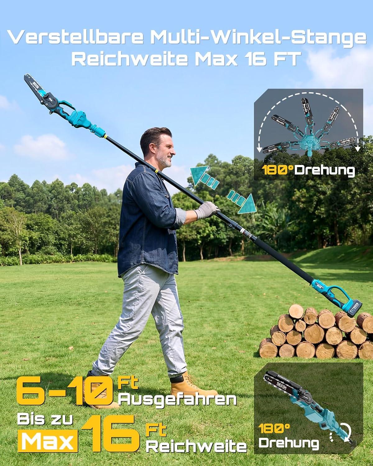 SEESII 2-in-1 Akku Astsäge & Mini Kettensäge mit 2×4000mAh Akkus, 8 Zoll Bürstenlose Kettensäge mit Teleskopstange, Ausziehbar bis 4,5m für Baumschnitt, Astschnitt und Gartenpflege 3 SEESII 2-in-1 Akku Astsäge & Mini Kettensäge mit 2×4000mAh Akkus, 8 Zoll Bürstenlose Kettensäge mit Teleskopstange, Ausziehbar bis 4,5m für Baumschnitt, Astschnitt und Gartenpflege – Bild 3