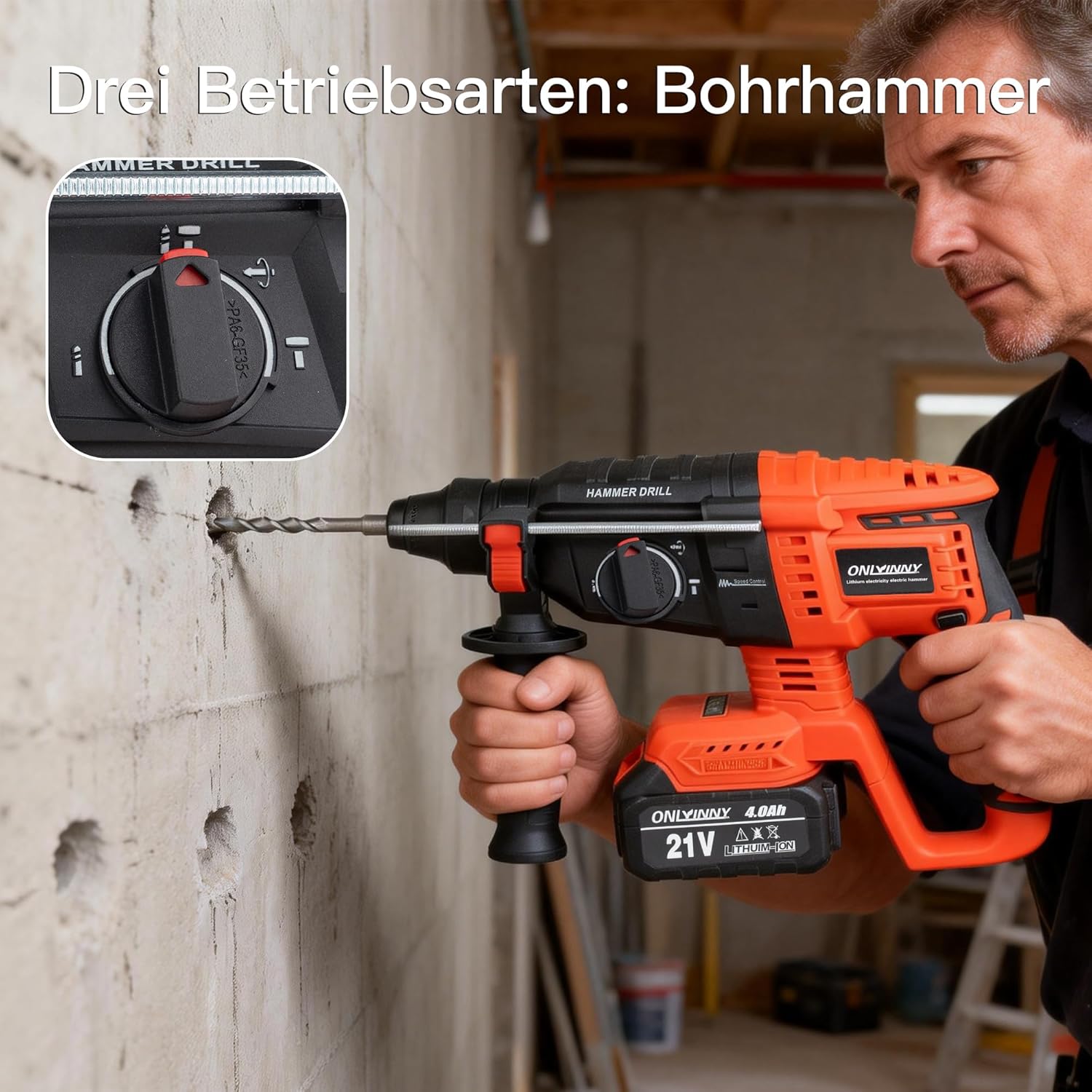 Akku Bohrhammer SDS Plus, Bürstenloser Motor Schlagbohrmaschine mit 3-in-1 Modus (Hammerbohren/Meißeln/Bohren), Kompatibel mit Makita 18V Akku, 4.0Ah 2x Akku Ladegerät im Koffer 4 Akku Bohrhammer SDS Plus, Bürstenloser Motor Schlagbohrmaschine mit 3-in-1 Modus (Hammerbohren/Meißeln/Bohren), Kompatibel mit Makita 18V Akku, 4.0Ah 2x Akku Ladegerät im Koffer – Bild 4