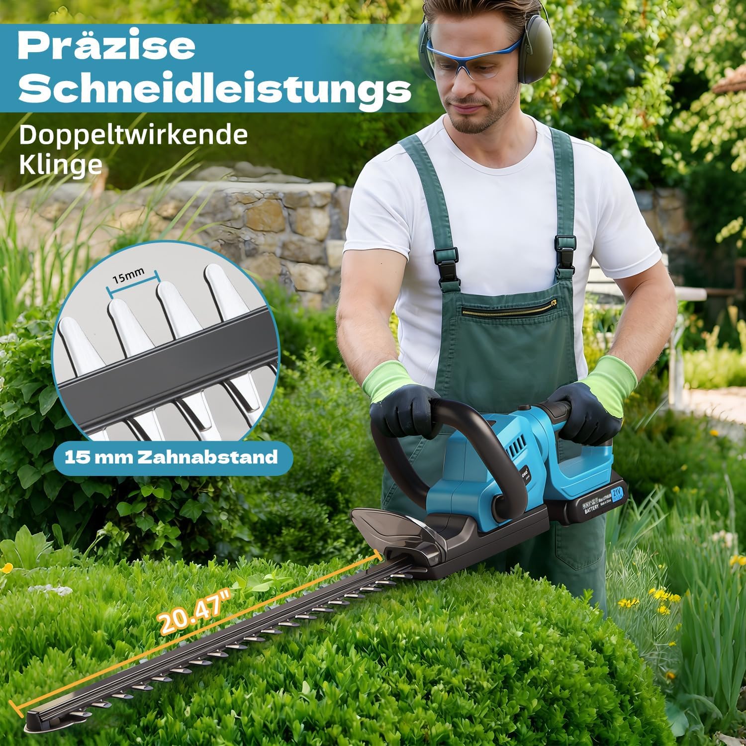 Akku-Heckenschere für Makita 18V Akkus,Elektrische Heckenschere mit 2 X 2,000 mAh Akku und Ladegerät,ergonomischer Griff,52 cm Schnittlänge,15 mm Zahnabstand,ideal für Hecken und Sträucher 3 Akku-Heckenschere für Makita 18V Akkus,Elektrische Heckenschere mit 2 X 2,000 mAh Akku und Ladegerät,ergonomischer Griff,52 cm Schnittlänge,15 mm Zahnabstand,ideal für Hecken und Sträucher – Bild 3