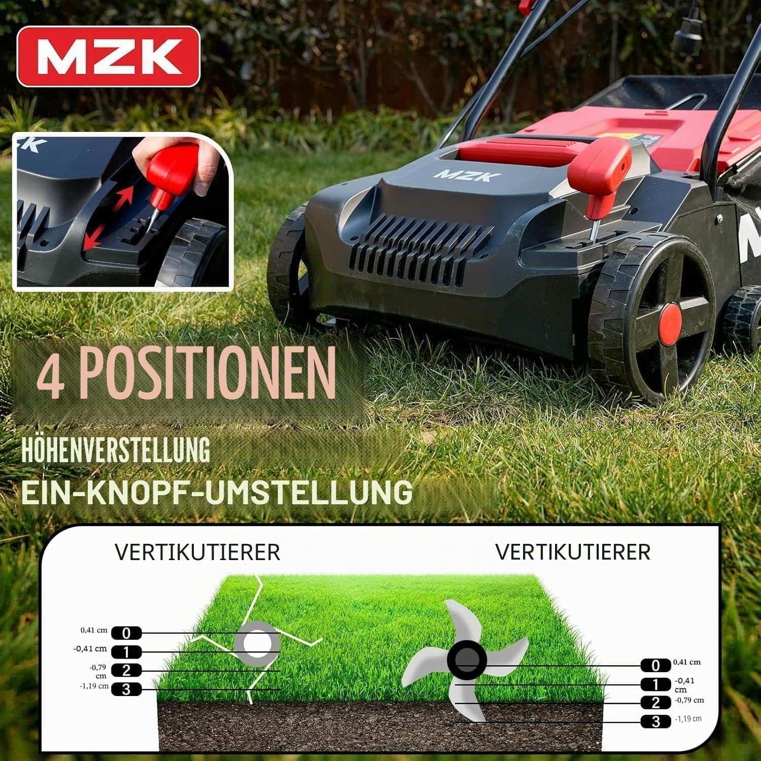 MZK 2-in-1 Elektro-Vertikutierer & Rasenlüfter, 33 cm, 13 A | 33 cm Arbeitsbreite, 4-stufige Höhenverstellung und 30L Fangkorb für einen gesunden Rasen. 3 MZK 2-in-1 Elektro-Vertikutierer & Rasenlüfter, 33 cm, 13 A | 33 cm Arbeitsbreite, 4-stufige Höhenverstellung und 30L Fangkorb für einen gesunden Rasen. – Bild 3