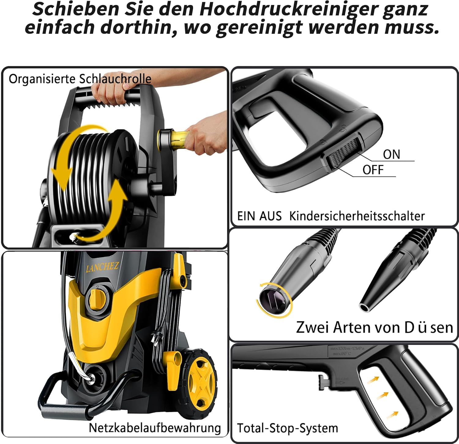 LANCHEZ Hochdruckreiniger, max Druck 180 bar, 480 l/h Fördermenge, 7-in-1-Zubehör Kit, 500ml Schaumsprüher | Schnellkupplungen | Schnellanschlussdüsen | Terrassenbürste für Terrasse, Auto, Gelb 5 LANCHEZ Hochdruckreiniger, max Druck 180 bar, 480 l/h Fördermenge, 7-in-1-Zubehör Kit, 500ml Schaumsprüher | Schnellkupplungen | Schnellanschlussdüsen | Terrassenbürste für Terrasse, Auto, Gelb – Bild 5