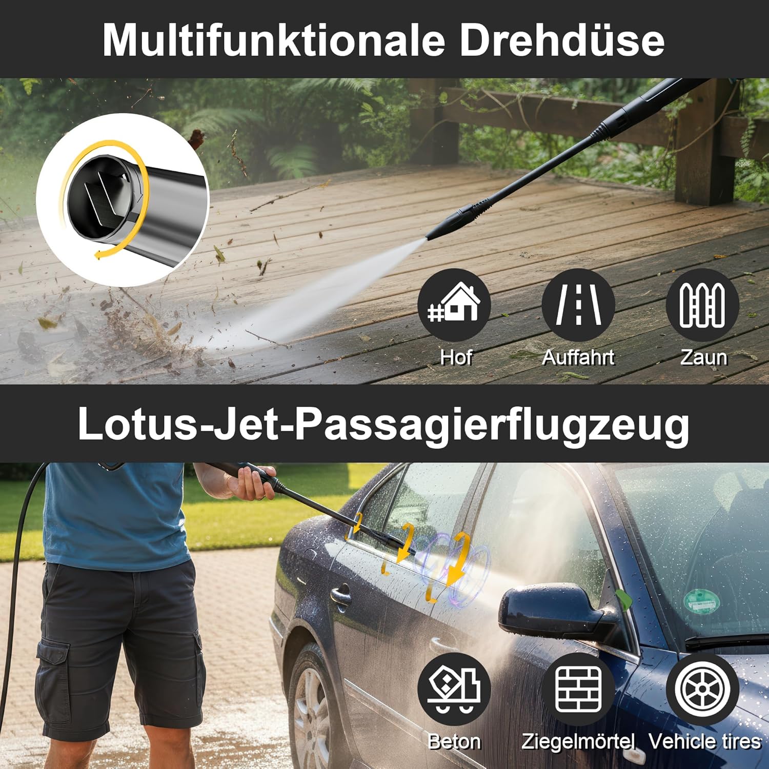 LANCHEZ Hochdruckreiniger, max Druck 180 bar, 480 l/h Fördermenge, 7-in-1-Zubehör Kit, 500ml Schaumsprüher | Schnellkupplungen | Schnellanschlussdüsen | Terrassenbürste für Terrasse, Auto, Gelb 4 LANCHEZ Hochdruckreiniger, max Druck 180 bar, 480 l/h Fördermenge, 7-in-1-Zubehör Kit, 500ml Schaumsprüher | Schnellkupplungen | Schnellanschlussdüsen | Terrassenbürste für Terrasse, Auto, Gelb – Bild 4