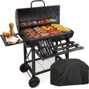 RMF Holzkohlegrill mit XL-Grillrost und integriertem Thermometer - Inklusive Zubehör-Kit und Abdeckung, robuster Stahlwagen mit Rädern, klappbare Seitenablagen, Ascheauffangschale