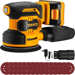 DEKOPRO Akku Exzenterschleifer 125mm, Exenterschleifmaschine mit 7 Geschwindigkeiten, 13000 U/min, Staubbeutel und 15 Schleifpapieren, Schleifmaschine für Holzbearbeitungsprojekte und DIY