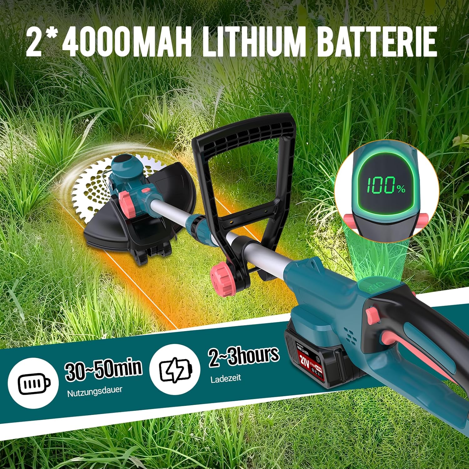 Akku Rasentrimmer mit Akku und Ladegerät, 21V Rasentrimmer für Makita Akku, Freischneider Akku - Inkl. 2 X 4.0Ah Batterie, Rasentrimmer mit Unkrautbürste, 90° Schwenkbarer Kopf, für Garten (Blau) 4 Akku Rasentrimmer mit Akku und Ladegerät, 21V Rasentrimmer für Makita Akku, Freischneider Akku - Inkl. 2 X 4.0Ah Batterie, Rasentrimmer mit Unkrautbürste, 90° Schwenkbarer Kopf, für Garten (Blau) – Bild 4