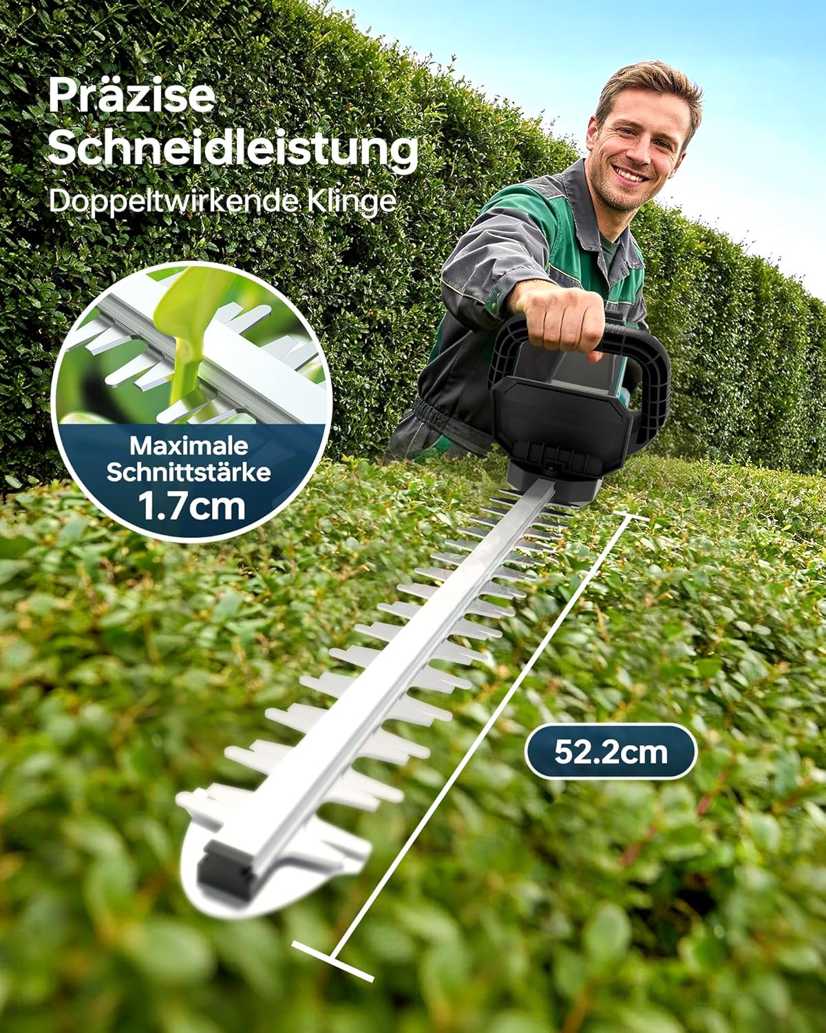 Akku-Heckenschere mit 2 * 2000mAh Akku, für MakIta-18V-Akku Elektrische Heckenschere 1000W Bürstenloser Motor 52.2cm Schnittlänge 180° Einstellbarer Messerkopf, 16mm Schnittbreite für Büsche Sträucher 2 Akku-Heckenschere mit 2 * 2000mAh Akku, für MakIta-18V-Akku Elektrische Heckenschere 1000W Bürstenloser Motor 52.2cm Schnittlänge 180° Einstellbarer Messerkopf, 16mm Schnittbreite für Büsche Sträucher – Bild 2