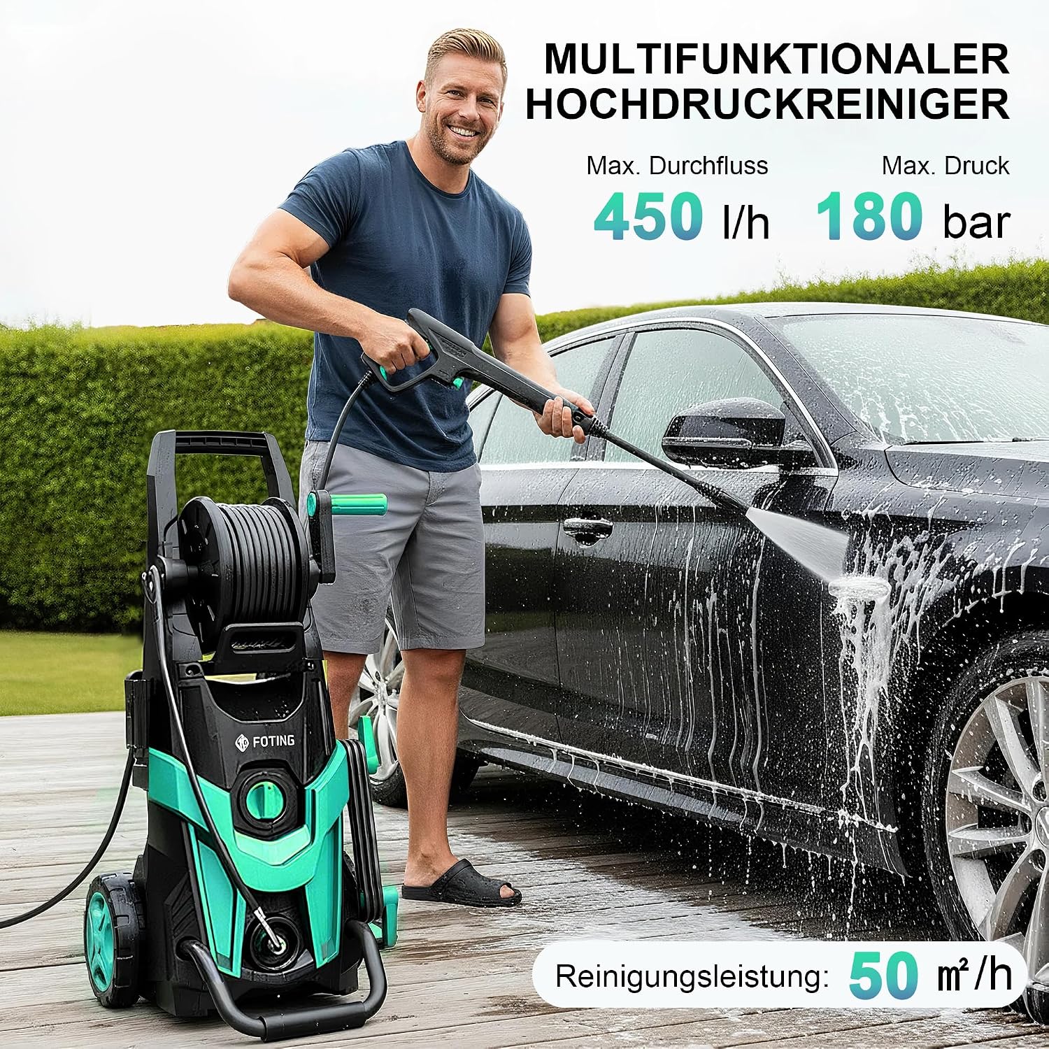 2026NEW Hochdruckreiniger 180 Bar, 450 l/h, Elektrischer Hochdruckreiniger mit 7 m Hochdruckschlauch, Schlauchtrommel, 500 ml Reinigungsmittelbehälter & 6-in-1-Düse, für Auto, Terrasse und Garten 2 2026NEW Hochdruckreiniger 180 Bar, 450 l/h, Elektrischer Hochdruckreiniger mit 7 m Hochdruckschlauch, Schlauchtrommel, 500 ml Reinigungsmittelbehälter & 6-in-1-Düse, für Auto, Terrasse und Garten – Bild 2