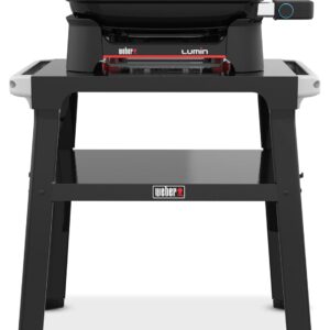 Weber Lumin Compact Kompakter Elektrogrill mit Standfuß, Bis zu 315 °C, mit Deckelthermometer, Porzellanemaillierte Gusseisenroste, 43 x 32 cm Grillfläche, Schwarz (1501653)