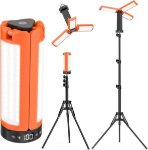 LED Campinglampe Aufladbar mit Teleskopstativ, 12000 mAh, 3 Lichtfarben Camping Lampe Akku, 6000LM dimmbare LED Arbeitsleuchte mit Magnet Haken und SOS, IP65 Werkstatt, Camping Garage Baustelle