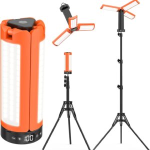 LED Campinglampe Aufladbar mit Teleskopstativ, 12000 mAh, 3 Lichtfarben Camping Lampe Akku, 6000LM dimmbare LED Arbeitsleuchte mit Magnet Haken und SOS, IP65 Werkstatt, Camping Garage Baustelle