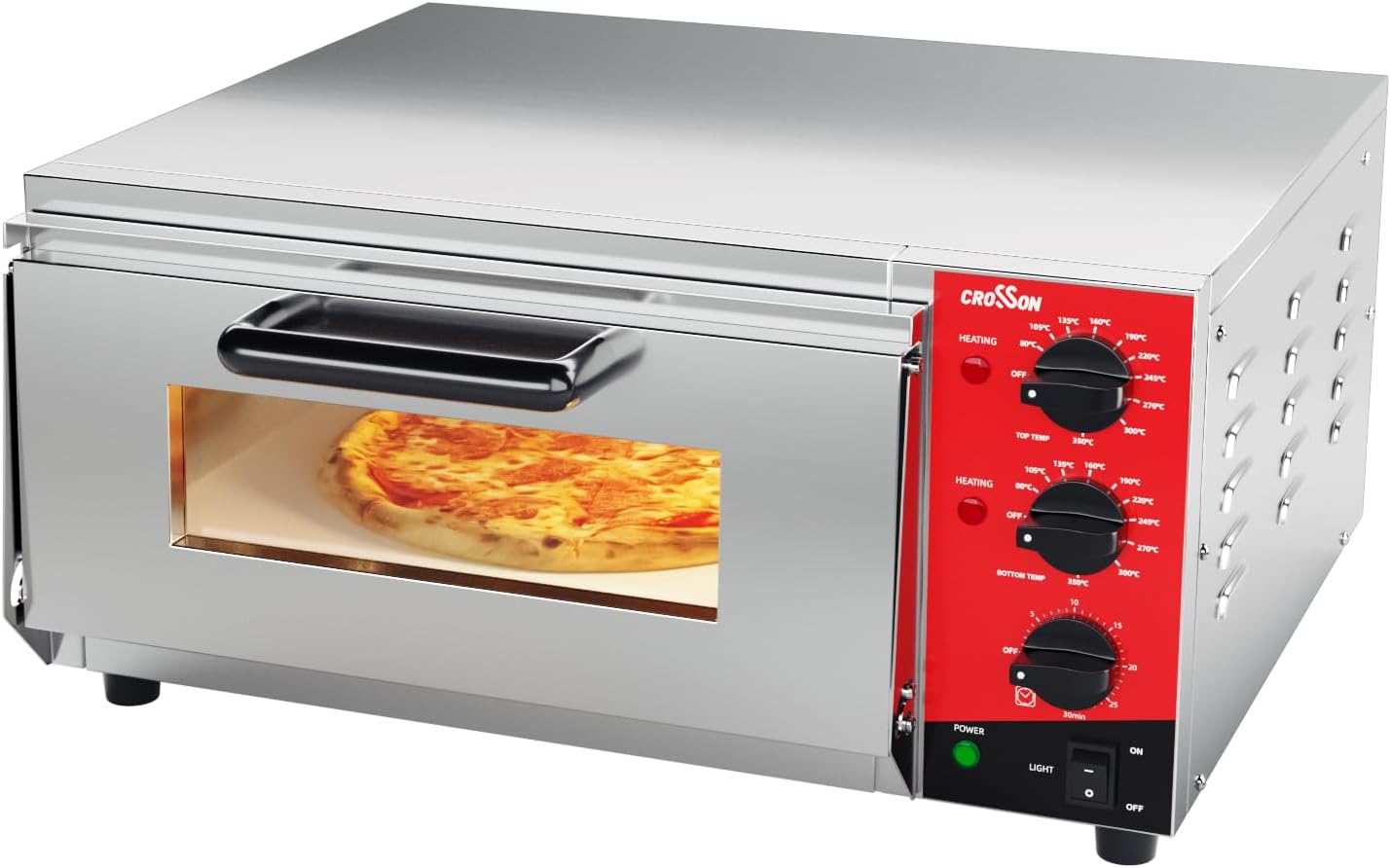 CROSSON elektrischer Profi-Pizzaofen mit 400x400 mm Backfläche aus Schamottstein für Pizza, Brot und Backwaren, unabhängige Ober- und Untertemperatur bis 350℃,30-Minuten-Timer, Innenbeleuchtung 1 CROSSON elektrischer Profi-Pizzaofen mit 400x400 mm Backfläche aus Schamottstein für Pizza, Brot und Backwaren, unabhängige Ober- und Untertemperatur bis 350℃,30-Minuten-Timer, Innenbeleuchtung