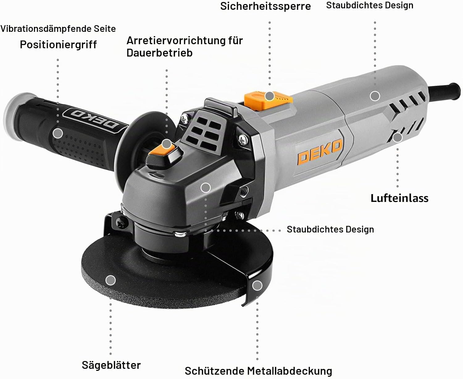 DEKOPRO Winkelschleifer 750W, 115mm Corded Electric Trennschleifer, 12000 min⁻¹, inkl. Zusatzhandgriff, Schutzhaube, Schraubenschlüssel, Winkelschleifer für Polieren, Flexen und Kanten Schleifen 2 DEKOPRO Winkelschleifer 750W, 115mm Corded Electric Trennschleifer, 12000 min⁻¹, inkl. Zusatzhandgriff, Schutzhaube, Schraubenschlüssel, Winkelschleifer für Polieren, Flexen und Kanten Schleifen – Bild 2
