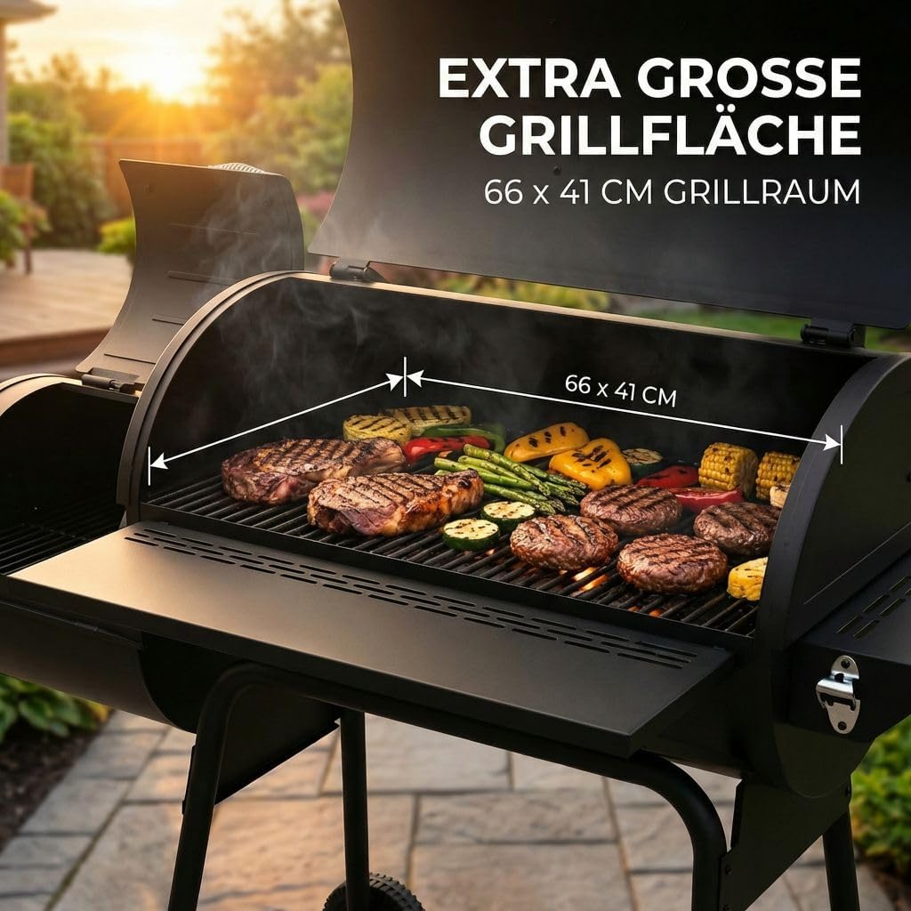Lugia Holzkohlegrill mit Smoker – XXL Grillwagen 66x41 cm – BBQ Grill mit Deckel, Thermometer, Warmhalterost, Seitentisch & Flaschenöffner – Offset Smoker für Garten & Terrasse 2 Lugia Holzkohlegrill mit Smoker – XXL Grillwagen 66x41 cm – BBQ Grill mit Deckel, Thermometer, Warmhalterost, Seitentisch & Flaschenöffner – Offset Smoker für Garten & Terrasse – Bild 2