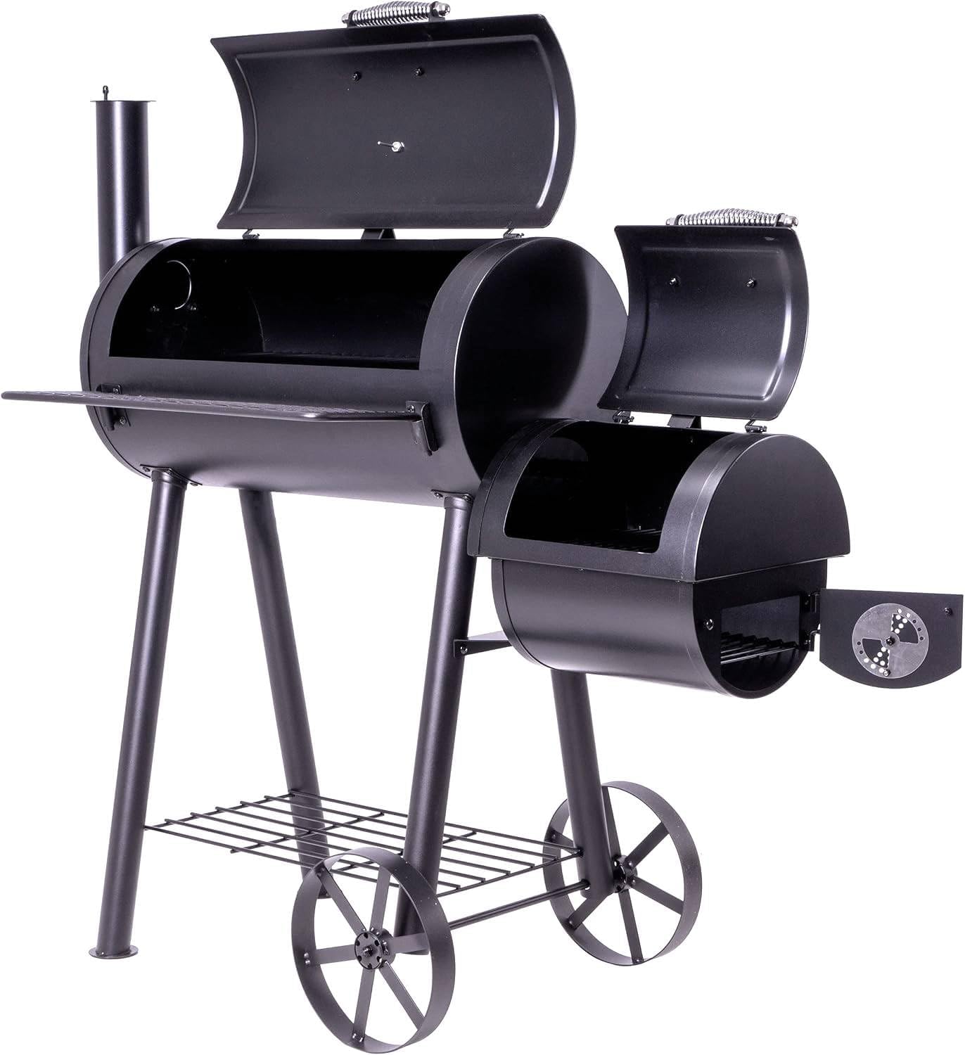 BBQ Grill Smoker schwarz Grillwagen 2 Kammern Barbecue inkl. Abdeckung | 125x60x120 cm 28 kg Transporträder Thermostat Schutzplane 3 BBQ Grill Smoker schwarz Grillwagen 2 Kammern Barbecue inkl. Abdeckung | 125x60x120 cm 28 kg Transporträder Thermostat Schutzplane – Bild 3