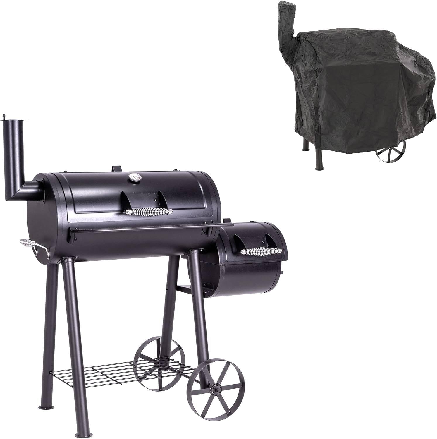 BBQ Grill Smoker schwarz Grillwagen 2 Kammern Barbecue inkl. Abdeckung | 125x60x120 cm 28 kg Transporträder Thermostat Schutzplane 2 BBQ Grill Smoker schwarz Grillwagen 2 Kammern Barbecue inkl. Abdeckung | 125x60x120 cm 28 kg Transporträder Thermostat Schutzplane – Bild 2