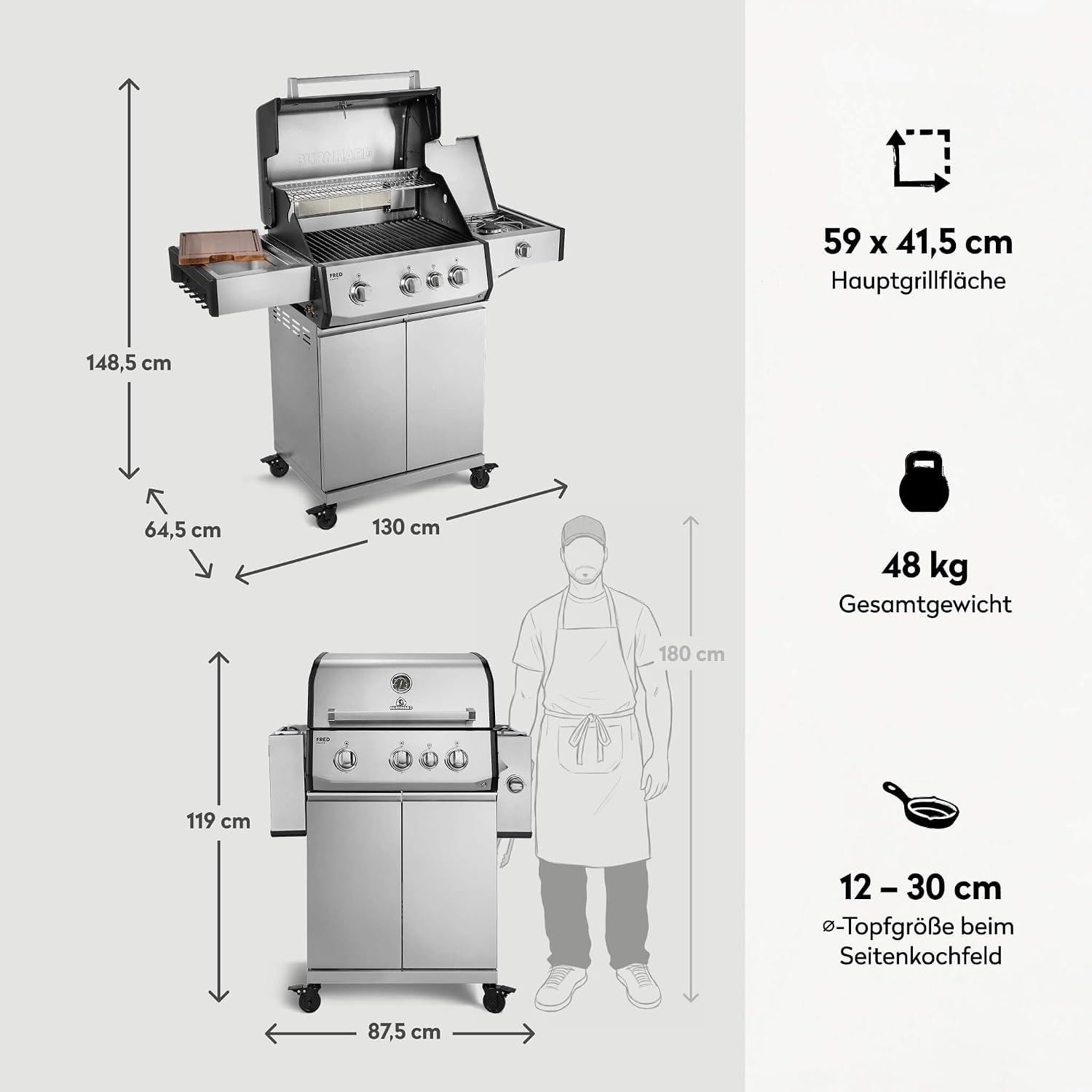 BURNHARD® FRED Deluxe Gasgrill 3-Brenner, Gusseisenrost, Edelstahl 3 BURNHARD® FRED Deluxe Gasgrill 3-Brenner, Gusseisenrost, Edelstahl – Bild 3
