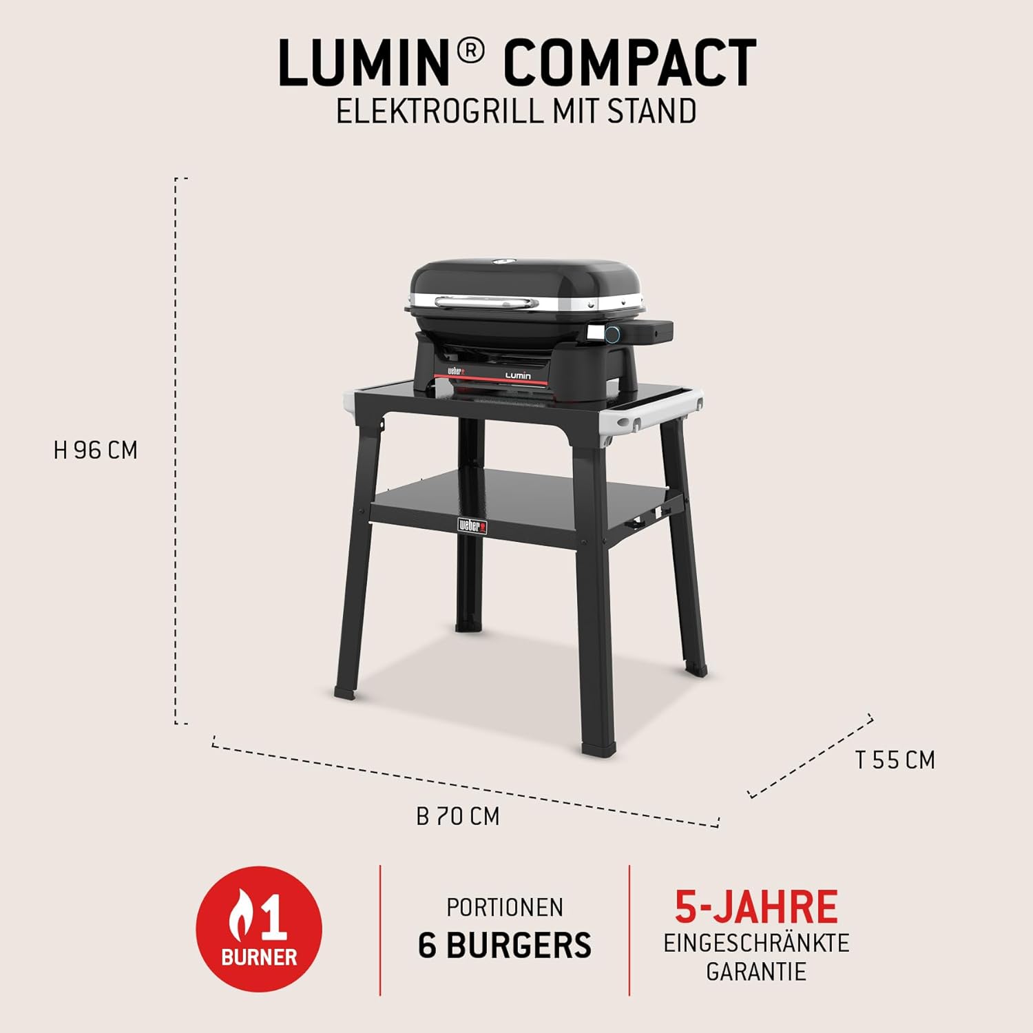 Weber Lumin Compact Kompakter Elektrogrill mit Standfuß, Bis zu 315 °C, mit Deckelthermometer, Porzellanemaillierte Gusseisenroste, 43 x 32 cm Grillfläche, Schwarz (1501653) 5 Weber Lumin Compact Kompakter Elektrogrill mit Standfuß, Bis zu 315 °C, mit Deckelthermometer, Porzellanemaillierte Gusseisenroste, 43 x 32 cm Grillfläche, Schwarz (1501653) – Bild 5