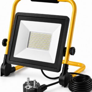 100W LED Baustrahler, Spotlight Mobil IP66 Wetterfest 4M Kabel mit Stecker | Arbeitsleuchte mit 360° drehbarem Flutlicht, verstellbarer Sockel, ideal für Garage und Baustelle