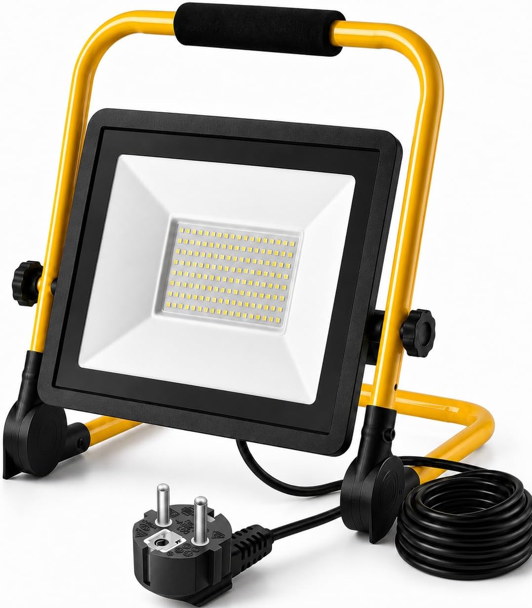 100W LED Baustrahler, Spotlight Mobil IP66 Wetterfest 4M Kabel mit Stecker | Arbeitsleuchte mit 360° drehbarem Flutlicht, verstellbarer Sockel, ideal für Garage und Baustelle 1 100W LED Baustrahler, Spotlight Mobil IP66 Wetterfest 4M Kabel mit Stecker | Arbeitsleuchte mit 360° drehbarem Flutlicht, verstellbarer Sockel, ideal für Garage und Baustelle
