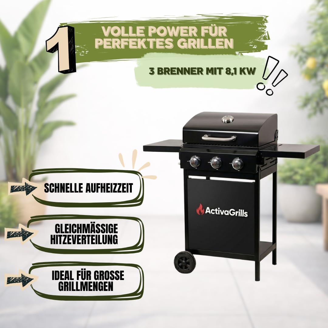 ACTIVA Gasgrill Cabrio I Premium Gasgrill inkl. wetterfester Abdeckhaube, 3 Brenner je 2,7 kW, Thermometer, verchromter Grillrost I Kompakter BBQ Gasgrill für Balkon & Garten 3 ACTIVA Gasgrill Cabrio I Premium Gasgrill inkl. wetterfester Abdeckhaube, 3 Brenner je 2,7 kW, Thermometer, verchromter Grillrost I Kompakter BBQ Gasgrill für Balkon & Garten – Bild 3