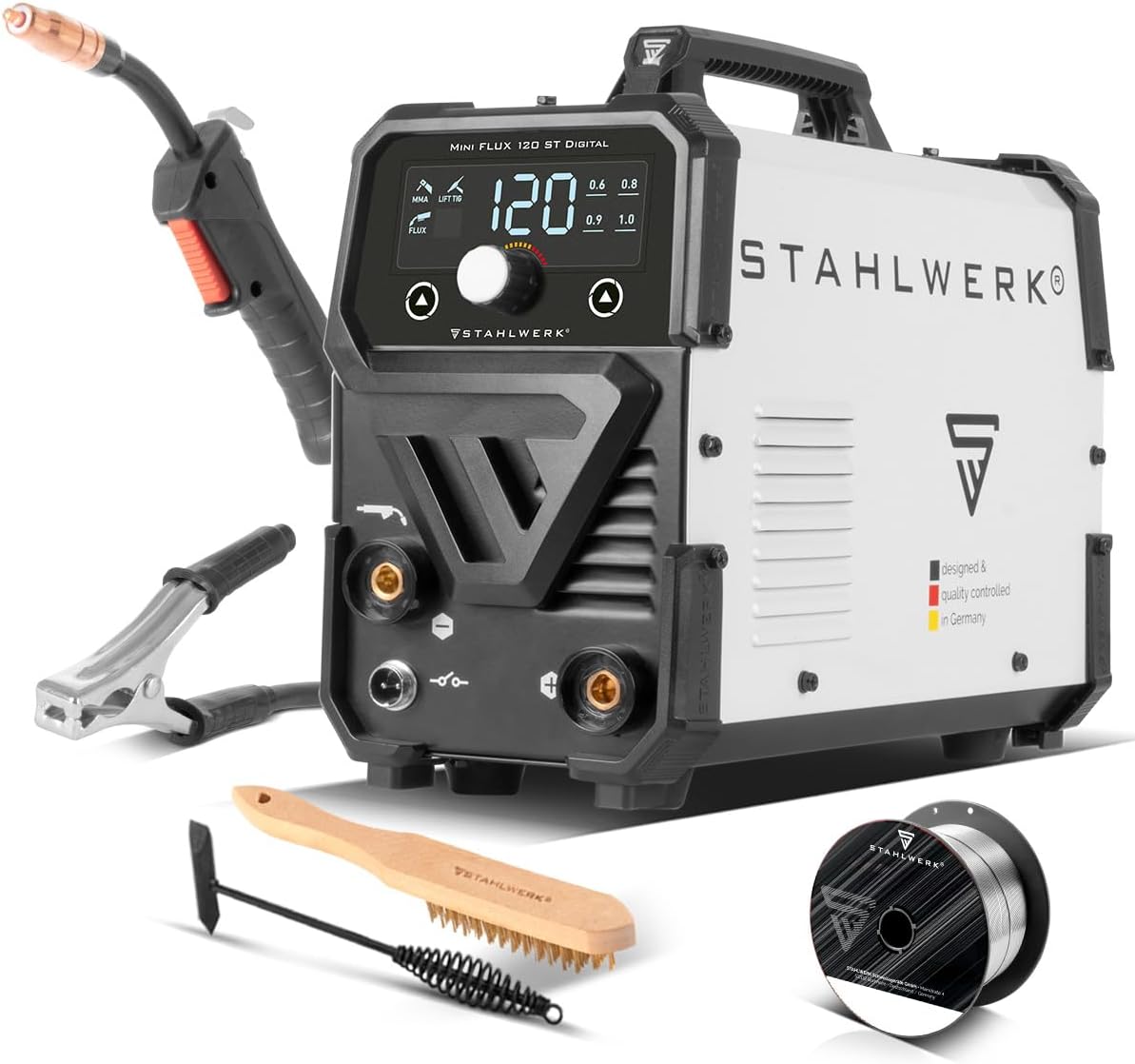 STAHLWERK Schweißgerät Mini FLUX 120 ST Digital – Schweißen ohne Schutzgas | Mit Fülldraht bis 120 A, kompakt mit synergischem Drahtvorschub und LED-Licht, Lift-TIG- und MMA-Funktion (E-Hand/ARC) 1 STAHLWERK Schweißgerät Mini FLUX 120 ST Digital – Schweißen ohne Schutzgas | Mit Fülldraht bis 120 A, kompakt mit synergischem Drahtvorschub und LED-Licht, Lift-TIG- und MMA-Funktion (E-Hand/ARC)