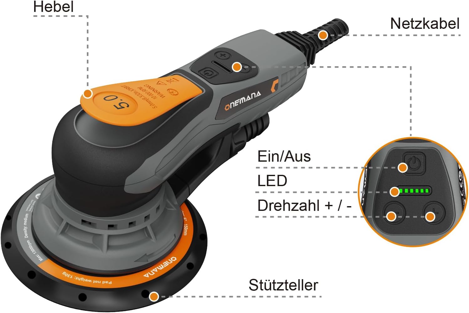 Exzenterschleifer 150 mm, Bürstenloser Exzenterschleifer mit 5,0 mm Exzenterhub, 350W Schleifmaschine mit 6 Drehzahlstufen 4000-10000 U/min, mit inkl. 12 Schleifblätter,Orbital Sander 3 Exzenterschleifer 150 mm, Bürstenloser Exzenterschleifer mit 5,0 mm Exzenterhub, 350W Schleifmaschine mit 6 Drehzahlstufen 4000-10000 U/min, mit inkl. 12 Schleifblätter,Orbital Sander – Bild 3