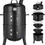 TLGREEN Räucherofen, 3 in 1 Smoker Grill, Räuchern Räucherofen mit Schornstein, Räuchergrill Smoker mit Deckel, Thermometer, 2 Grillrost Edelstahl, 2PCS Wasserschale Emaille, Räuchertonne Watersmoker