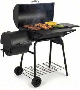 Lugia Holzkohlegrill mit Smoker – XXL Grillwagen 66x41 cm – BBQ Grill mit Deckel, Thermometer, Warmhalterost, Seitentisch & Flaschenöffner – Offset Smoker für Garten & Terrasse