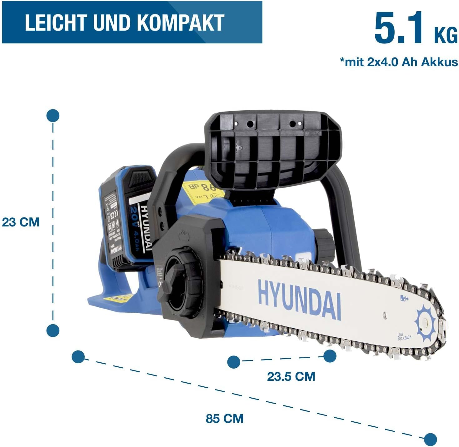 HYUNDAI 40V Akku-Kettensäge CS4016LI, inkl. 2x 4Ah Akku & Doppelladegerät 2 HYUNDAI 40V Akku-Kettensäge CS4016LI, inkl. 2x 4Ah Akku & Doppelladegerät – Bild 2