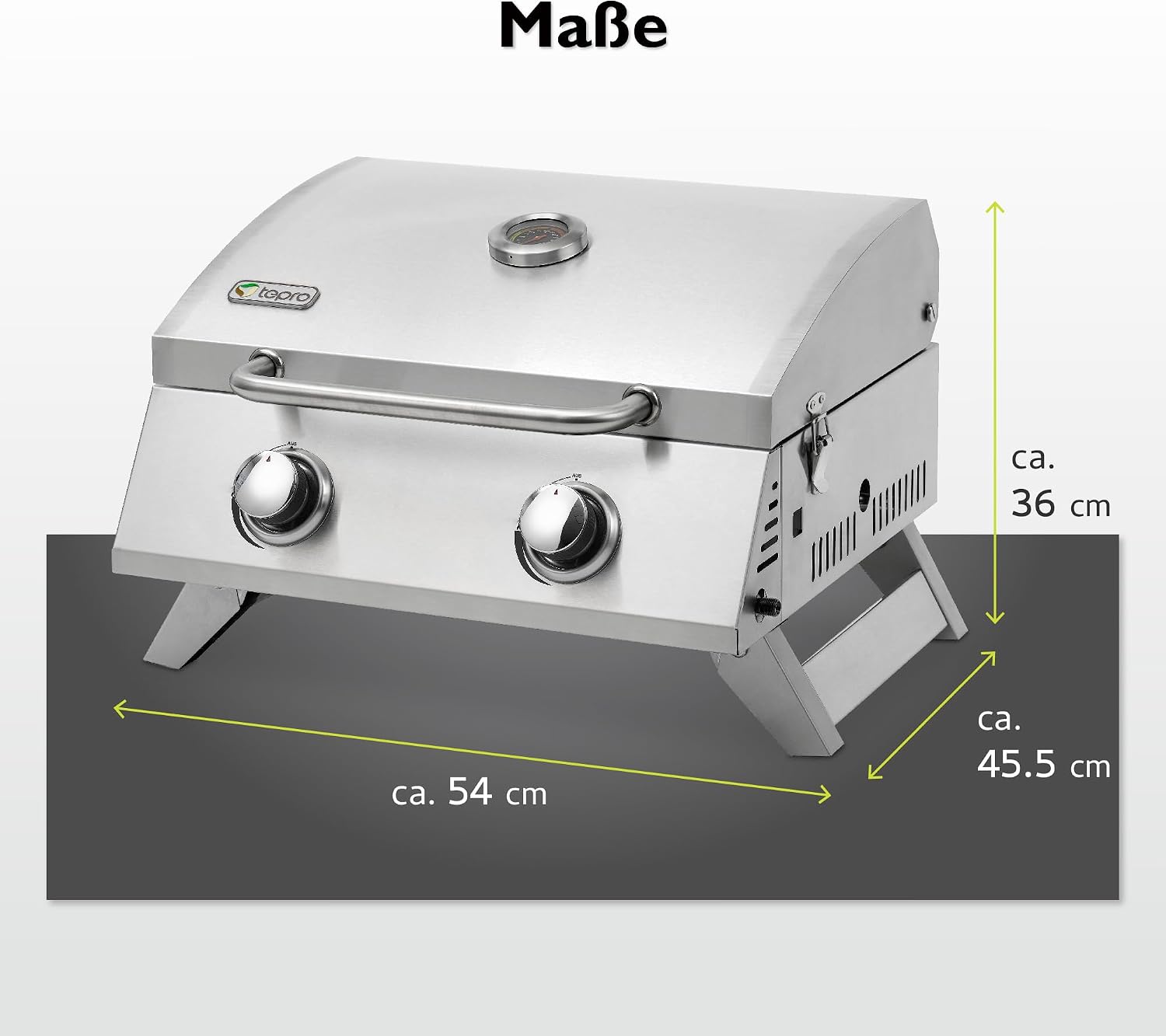 tepro Tischgasgrill Chicago, 2 Brenner mit je ca. 3 kW Leistung, Piezozündung, Thermometer, Maße ca. 54 x 45,5 x 36 cm, Silber 2 tepro Tischgasgrill Chicago, 2 Brenner mit je ca. 3 kW Leistung, Piezozündung, Thermometer, Maße ca. 54 x 45,5 x 36 cm, Silber – Bild 2