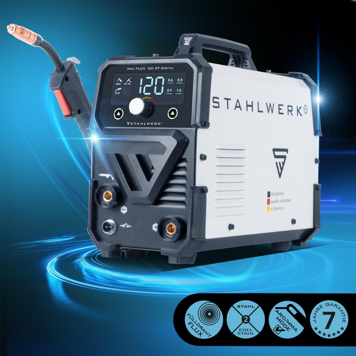 STAHLWERK Schweißgerät Mini FLUX 120 ST Digital – Schweißen ohne Schutzgas | Mit Fülldraht bis 120 A, kompakt mit synergischem Drahtvorschub und LED-Licht, Lift-TIG- und MMA-Funktion (E-Hand/ARC) 3 STAHLWERK Schweißgerät Mini FLUX 120 ST Digital – Schweißen ohne Schutzgas | Mit Fülldraht bis 120 A, kompakt mit synergischem Drahtvorschub und LED-Licht, Lift-TIG- und MMA-Funktion (E-Hand/ARC) – Bild 3