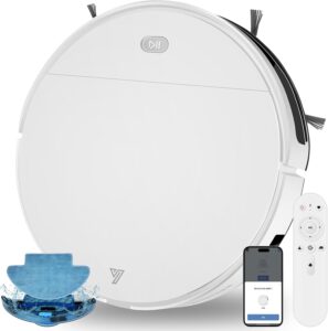 Saugroboter mit Wischfunktion bis zu 5500 Pa Anti-Tangle-Seitenbürste | 2-in-1 Staubsauger Roboter APP/Alexa/Fernbedienung, 7.8CM, Selbstladend, Geeignet für Tierhaare, 120 Mins, 2.4G WiFi- Weiß
