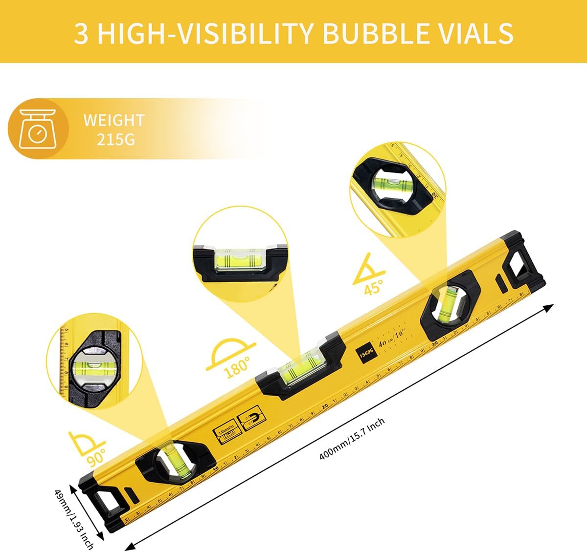 Wasserwaage 40 cm Verfügt über Rundum Ablesbar 3 Libellen 180°/45°/90°, Aluminium Gehäuse mit Magnet System und Stoßdämpfende Endkappen 2 Wasserwaage 40 cm Verfügt über Rundum Ablesbar 3 Libellen 180°/45°/90°, Aluminium Gehäuse mit Magnet System und Stoßdämpfende Endkappen – Bild 2