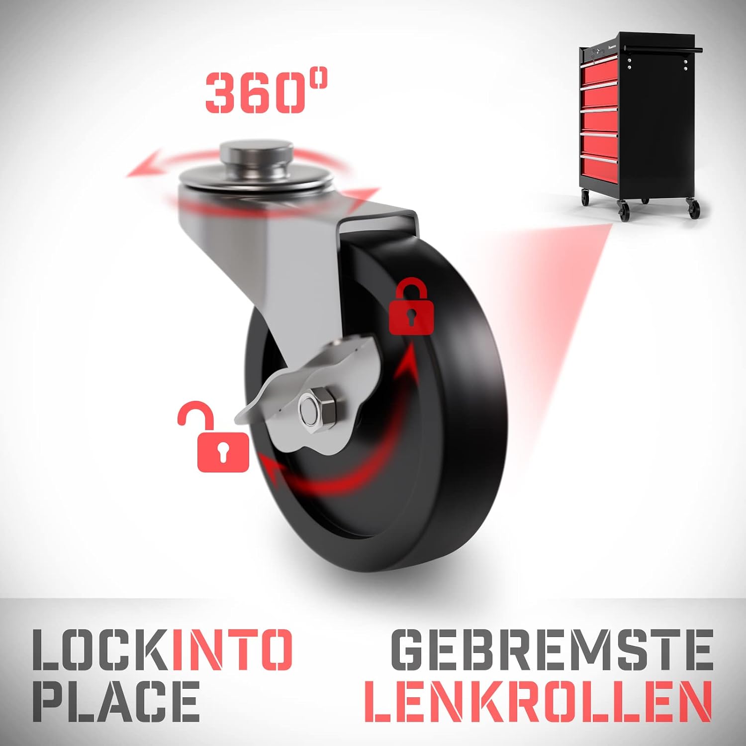 TIMBERTECH® Werkstattwagen auf Rollen - leer, 5 Schubladen mit Einlagen, abschließbar, Feststellbremse, Stahl, Rot-Schwarz - Werkzeugwagen, Montagewagen, Rollwagen für Werkstatt, Zubehör 5 TIMBERTECH® Werkstattwagen auf Rollen - leer, 5 Schubladen mit Einlagen, abschließbar, Feststellbremse, Stahl, Rot-Schwarz - Werkzeugwagen, Montagewagen, Rollwagen für Werkstatt, Zubehör – Bild 5