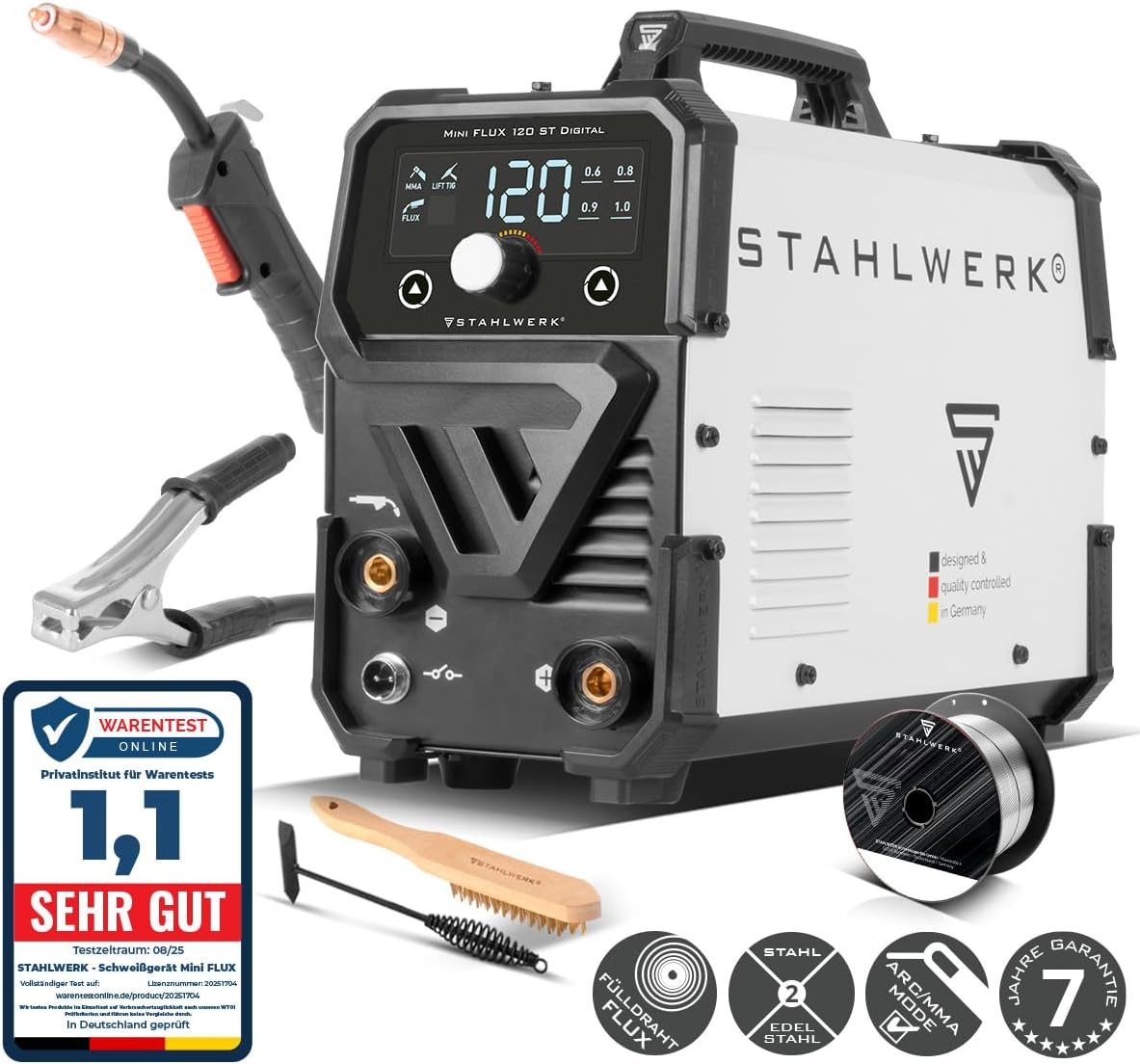 STAHLWERK Schweißgerät Mini FLUX 120 ST Digital – Schweißen ohne Schutzgas | Mit Fülldraht bis 120 A, kompakt mit synergischem Drahtvorschub und LED-Licht, Lift-TIG- und MMA-Funktion (E-Hand/ARC) 2 STAHLWERK Schweißgerät Mini FLUX 120 ST Digital – Schweißen ohne Schutzgas | Mit Fülldraht bis 120 A, kompakt mit synergischem Drahtvorschub und LED-Licht, Lift-TIG- und MMA-Funktion (E-Hand/ARC) – Bild 2