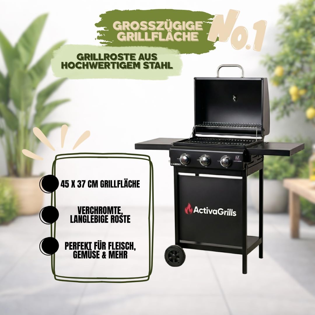 ACTIVA Gasgrill Cabrio I Premium Gasgrill inkl. wetterfester Abdeckhaube, 3 Brenner je 2,7 kW, Thermometer, verchromter Grillrost I Kompakter BBQ Gasgrill für Balkon & Garten 4 ACTIVA Gasgrill Cabrio I Premium Gasgrill inkl. wetterfester Abdeckhaube, 3 Brenner je 2,7 kW, Thermometer, verchromter Grillrost I Kompakter BBQ Gasgrill für Balkon & Garten – Bild 4