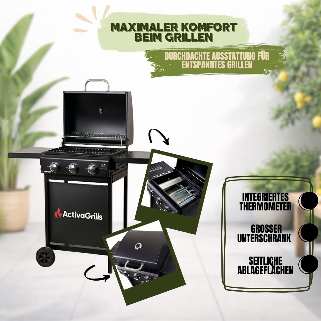 ACTIVA Gasgrill Cabrio I Premium Gasgrill inkl. wetterfester Abdeckhaube, 3 Brenner je 2,7 kW, Thermometer, verchromter Grillrost I Kompakter BBQ Gasgrill für Balkon & Garten 5 ACTIVA Gasgrill Cabrio I Premium Gasgrill inkl. wetterfester Abdeckhaube, 3 Brenner je 2,7 kW, Thermometer, verchromter Grillrost I Kompakter BBQ Gasgrill für Balkon & Garten – Bild 5