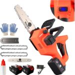 Akku-Kettensäge 21V, Handkettensäge 2 x 4000mAh Akku, Kettensäge Bürstenlose mit automatischer Öler, Astsäge für Gartenscheren & Holzschneidenz