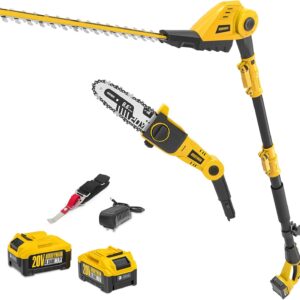 Alloyman 20V MAX 2-in-1 Teleskop Akku Heckenschere und Akku Hochentaster, mit 2 x 4,0 Ah Akkus und Ladegerät, 2,4 Meter Teleskopsäge und Heckenschneider für Strauch und Heckenschnitt