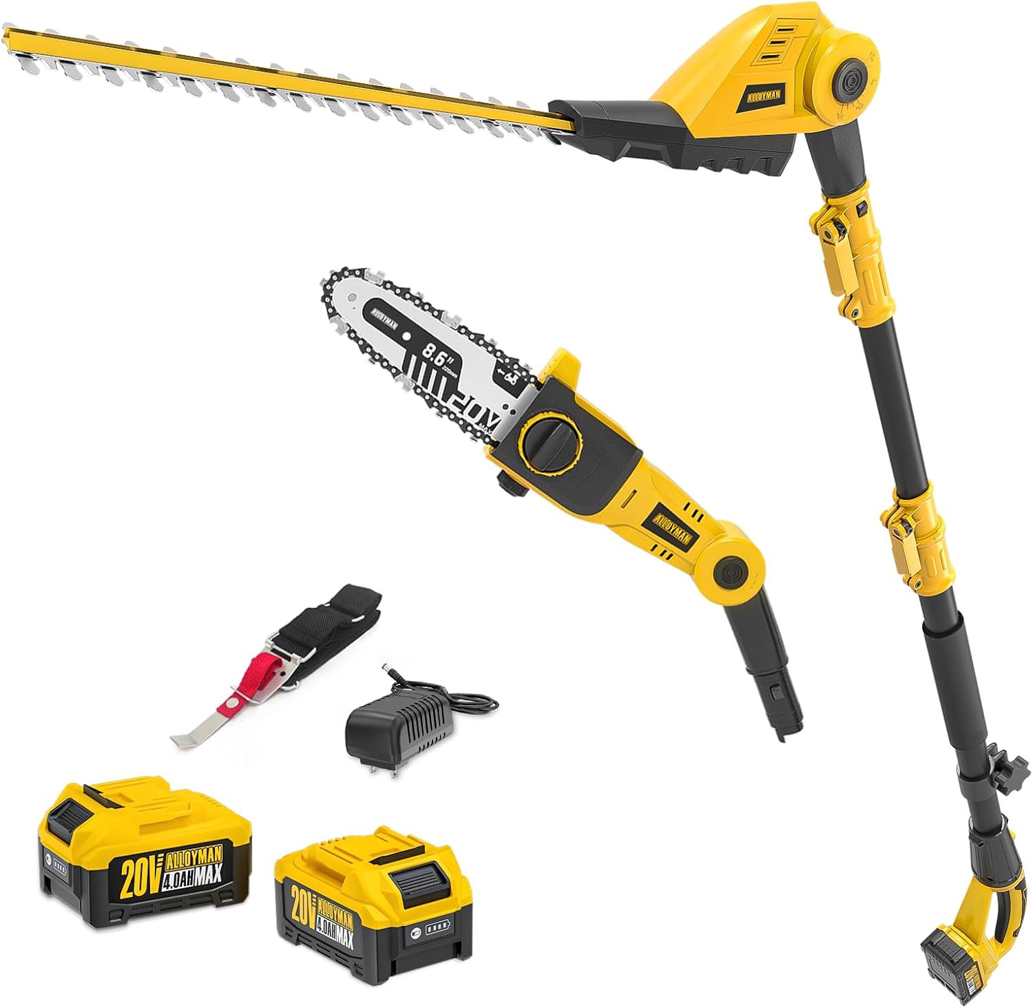 Alloyman 20V MAX 2-in-1 Teleskop Akku Heckenschere und Akku Hochentaster, mit 2 x 4,0 Ah Akkus und Ladegerät, 2,4 Meter Teleskopsäge und Heckenschneider für Strauch und Heckenschnitt 1 Alloyman 20V MAX 2-in-1 Teleskop Akku Heckenschere und Akku Hochentaster, mit 2 x 4,0 Ah Akkus und Ladegerät, 2,4 Meter Teleskopsäge und Heckenschneider für Strauch und Heckenschnitt