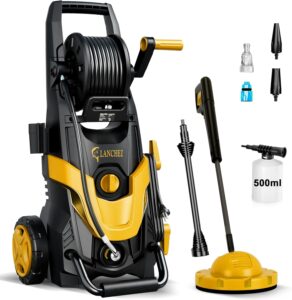 LANCHEZ Hochdruckreiniger, Max Druck 180 bar, Fördermenge 480 l/h, 7-in-1-Zubehör Kit, 500ml Schaumsprüher | Schnellkupplungen | Schnellanschlussdüsen | Terrassenbürste für Terrasse, Auto, Gelb