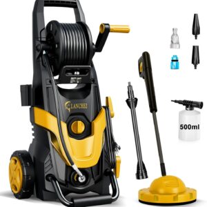 LANCHEZ Hochdruckreiniger, Max Druck 180 bar, Fördermenge 480 l/h, 7-in-1-Zubehör Kit, 500ml Schaumsprüher | Schnellkupplungen | Schnellanschlussdüsen | Terrassenbürste für Terrasse, Auto, Gelb