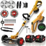 Rasentrimmer mit Akku und Unkrautbürste, Akku Rasentrimmer für Makita-Akkus mit 4 Klingentypen und 2 x 4.0Ah Bürstenlose Freischneider Akku für Garden Trimmen (Gelb)