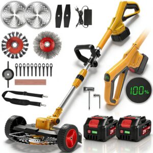 Rasentrimmer mit Akku und Unkrautbürste, Akku Rasentrimmer für Makita-Akkus mit 4 Klingentypen und 2 x 4.0Ah Bürstenlose Freischneider Akku für Garden Trimmen (Gelb)